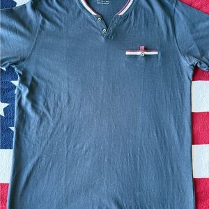 Men's Blue Henley Shirt with Striped Pocket Detail